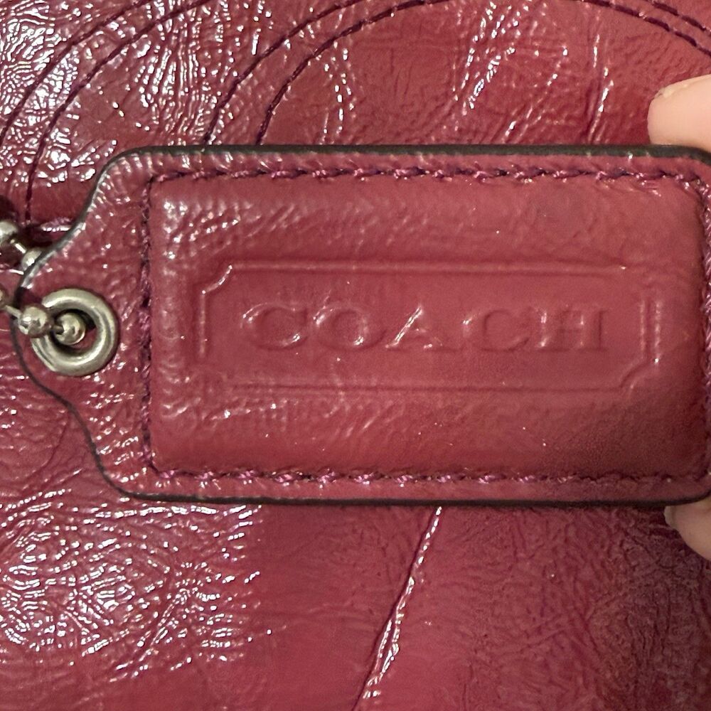 Coach Berry Pink Patent Leather Stitched C Signature Stripe Shoulder Bag. - Picture 5 of 16
